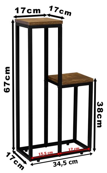 Suport de flori, 2 rafturi 67 cm si 38 cm, picioare otel negru mat, maxim 10 kg