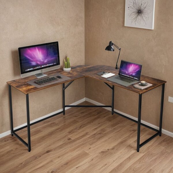 Birou industrial, forma de L, cadru otel, blat laminat, 75x130x48 cm, negru, stejar rustic
