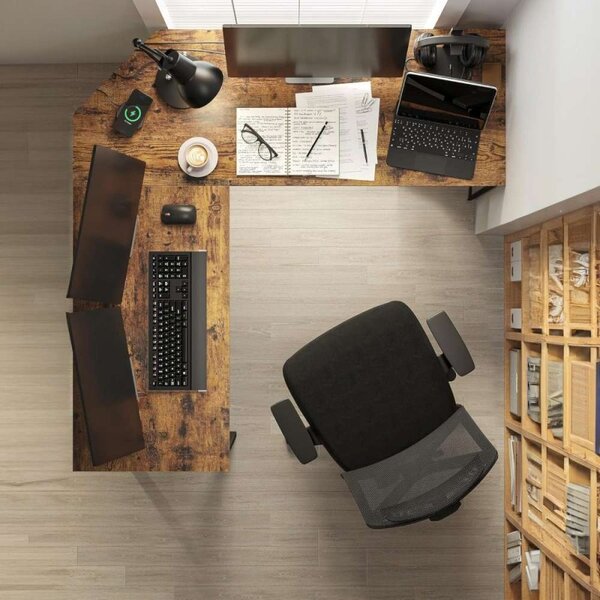 Birou industrial, forma de L, cadru otel, blat laminat, 75x130x48 cm, negru, stejar rustic