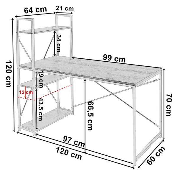 Birou stil industrial, 3 rafturi laterale, blat laminat 120x60x1,5 cm, constructie otel