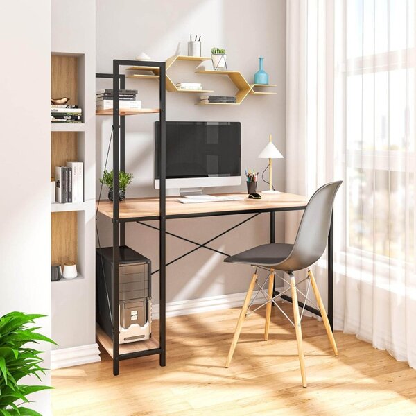 Birou stil industrial, 3 rafturi laterale, blat laminat 120x60x1,5 cm, constructie otel