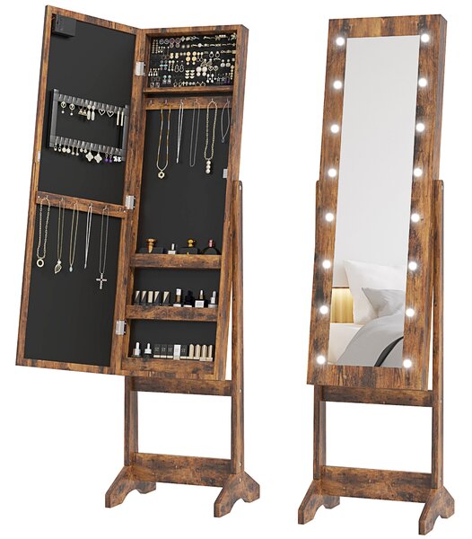 HOMCOM Dulap pentru Bijuterii cu Oglindă Reglabilă și Lumini LED 36x30x136 cm Maro Rustic | Aosom Romania