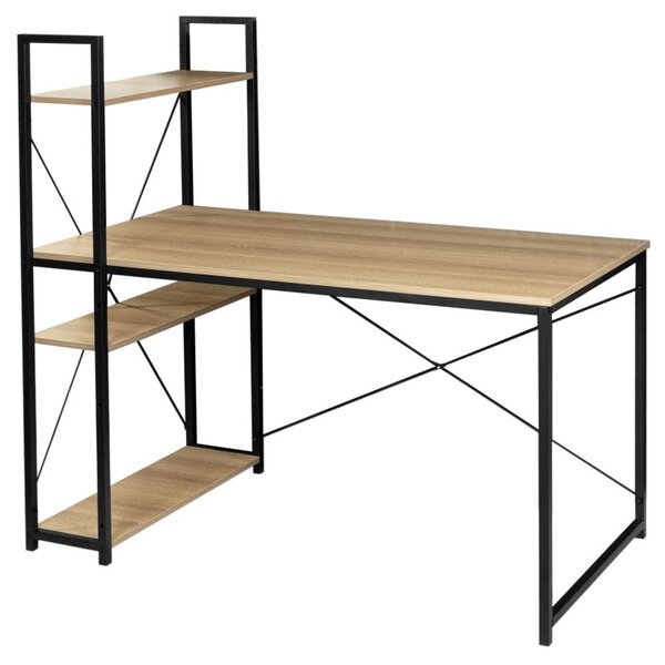 Birou stil industrial, 3 rafturi laterale, blat laminat 120x60x1,5 cm, constructie otel