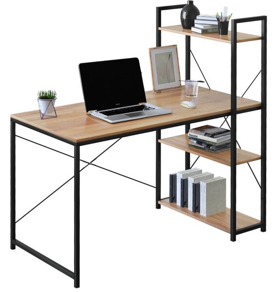 Birou stil industrial, 3 rafturi laterale, blat laminat 120x60x1,5 cm, constructie otel