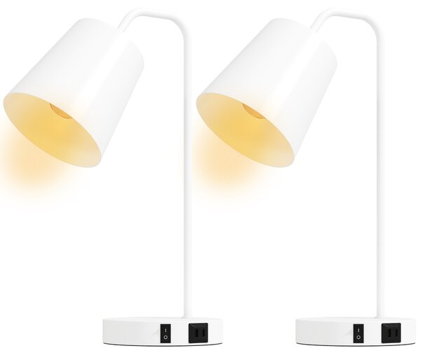 HOMCOM Set de 2 Veioze Moderne din Oțel cu Porturi USB, Soclu E27, Bec Neinclus, Alb | Aosom Romania