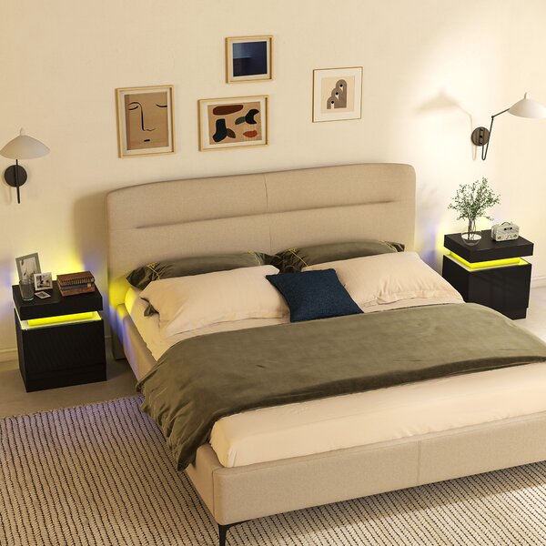 HOMCOM Set 2 Noptiere cu LED și 4 Moduri, 2 Sertare, Lemn, 45x35x52 cm, Negru Lucios | Aosom Romania