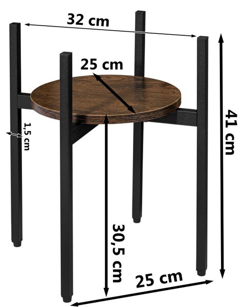 Suport decorativ flori Torre Rustic, design minimalist, raft laminat 25 cm, cadru otel negru mat