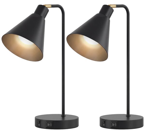 HOMCOM Set de 2 Lămpi de Masă Moderne din Oțel cu Porturi USB, E27, Becurile Nu Sunt Incluse, Negru | Aosom Romania