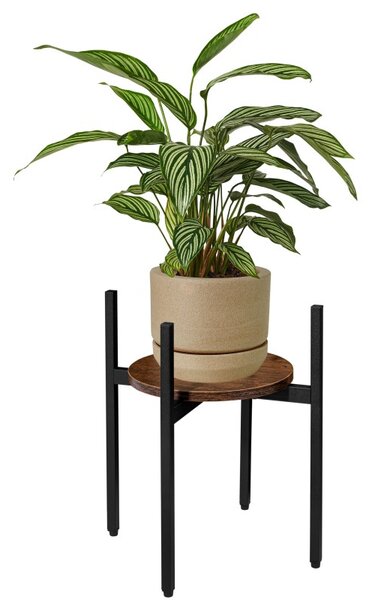 Suport decorativ flori Torre Rustic, design minimalist, raft laminat 25 cm, cadru otel negru mat
