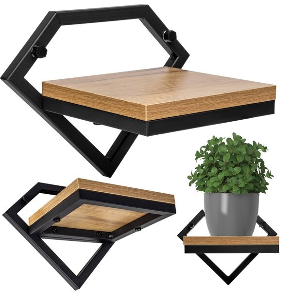 Suport suspendat pentru plante, Doron Craft, raft din lemn, cadru otel, 19x25.5x18.5 cm