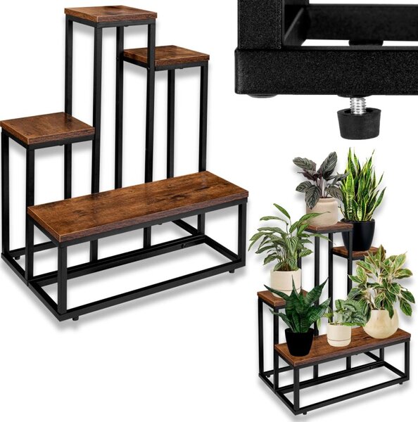 Suport de flori rustic, diferite rafturi pentru ghivece, latime 51 cm, constructie otel