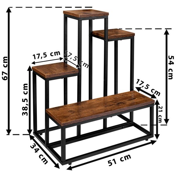 Suport de flori rustic, diferite rafturi pentru ghivece, latime 51 cm, constructie otel