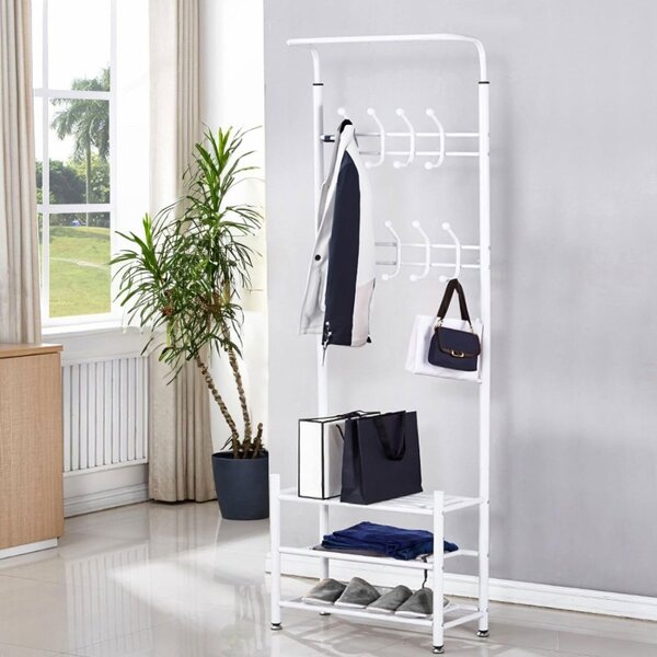 Cuier hol, depozitare haine si incaltaminte, 18 carlige, 3 rafturi, inaltime 190 cm, latime 66 cm, otel alb