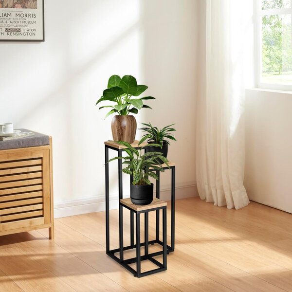 Suport de flori pentru podea, 3 polite din MDF, constructie otel, placa 1.5 cm, inaltime 57 cm, negru/natur