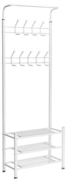 Cuier hol, depozitare haine si incaltaminte, 18 carlige, 3 rafturi, inaltime 190 cm, latime 66 cm, otel alb