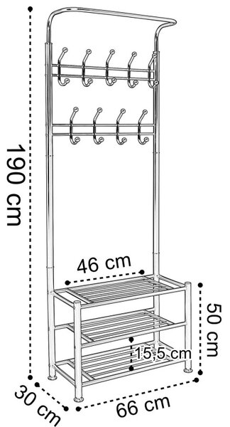 Cuier hol, depozitare haine si incaltaminte, 18 carlige, 3 rafturi, inaltime 190 cm, latime 66 cm, otel alb