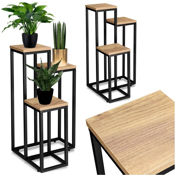 Suport de flori pentru podea, 3 polite din MDF, constructie otel, placa 1.5 cm, inaltime 57 cm, negru/natur