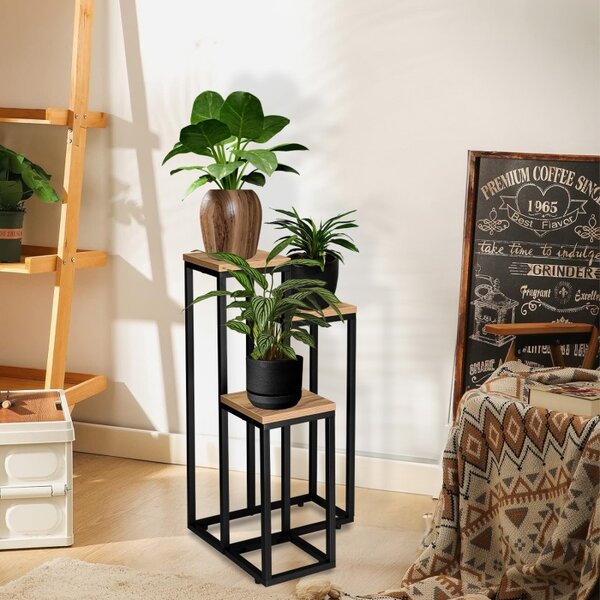 Suport de flori pentru podea, 3 polite din MDF, constructie otel, placa 1.5 cm, inaltime 57 cm, negru/natur