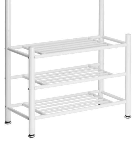 Cuier hol, depozitare haine si incaltaminte, 18 carlige, 3 rafturi, inaltime 190 cm, latime 66 cm, otel alb