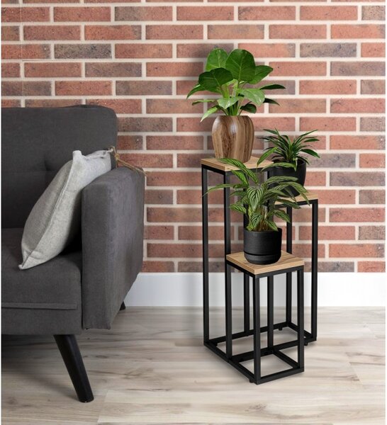 Suport de flori pentru podea, 3 polite din MDF, constructie otel, placa 1.5 cm, inaltime 57 cm, negru/natur