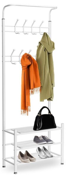 Cuier hol, depozitare haine si incaltaminte, 18 carlige, 3 rafturi, inaltime 190 cm, latime 66 cm, otel alb