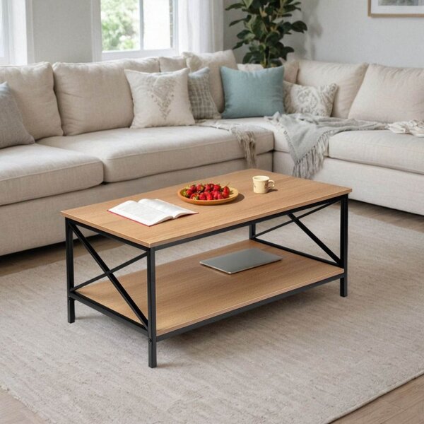 Masuta de cafea HERNING MODERN, raft inferior, blaturi din stejar, 100x44x55 cm, cadru otel