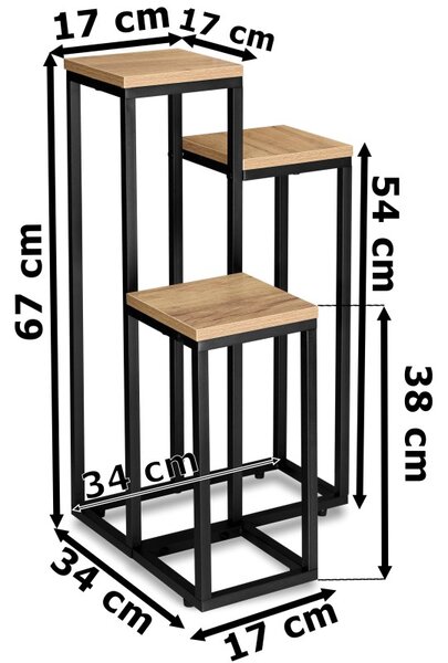 Suport de flori pentru podea, 3 polite din MDF, constructie otel, placa 1.5 cm, inaltime 57 cm, negru/natur