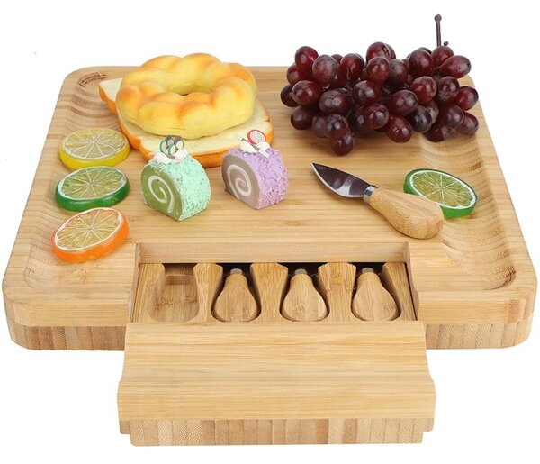 Platou servire aperitive, set 4 tacamuri inox, bambus, 33x33x4 cm