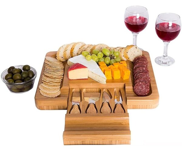 Platou servire aperitive, set 4 tacamuri inox, bambus, 33x33x4 cm