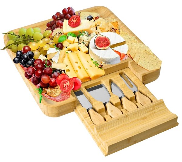 Platou servire aperitive, set 4 tacamuri inox, bambus, 33x33x4 cm
