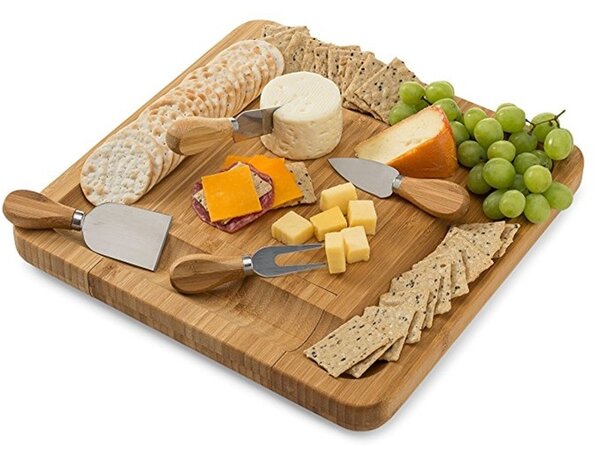 Platou servire aperitive, set 4 tacamuri inox, bambus, 33x33x4 cm