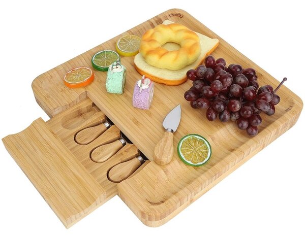 Platou servire aperitive, set 4 tacamuri inox, bambus, 33x33x4 cm