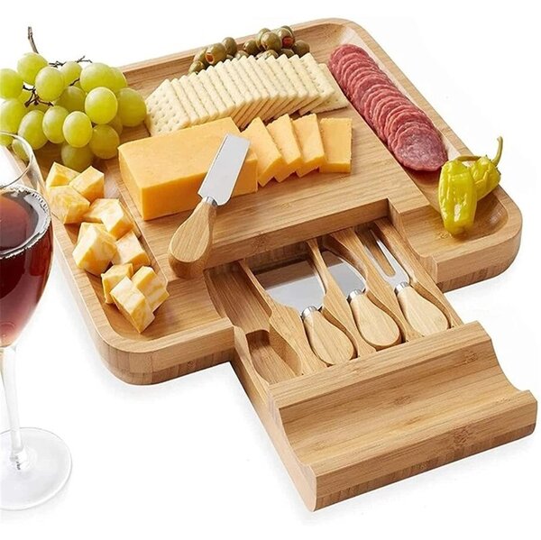 Platou servire aperitive, set 4 tacamuri inox, bambus, 33x33x4 cm