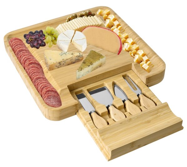 Platou servire aperitive, set 4 tacamuri inox, bambus, 33x33x4 cm