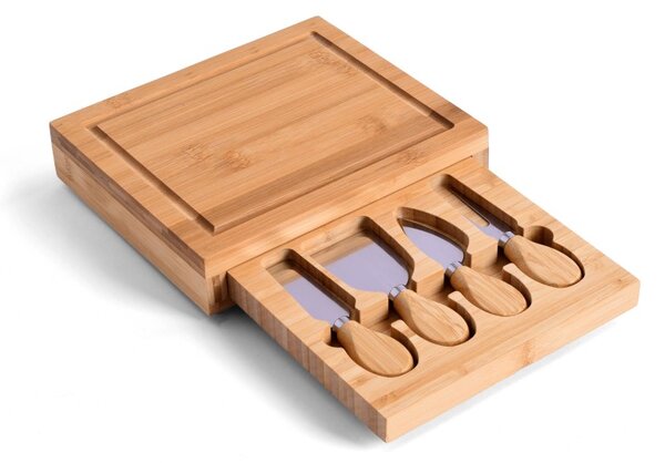 Platou servire branzeturi, 4 ustensile din inox, lemn de bambus, 22x19x4,5 cm