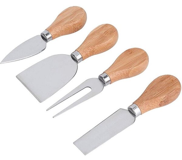 Platou servire branzeturi, 4 ustensile din inox, lemn de bambus, 22x19x4,5 cm