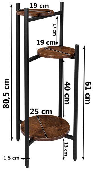 Suport flori Tretorri Rustic, 3 etajere rotunde, inaltime totala 80,5 cm, maxim 15 kg