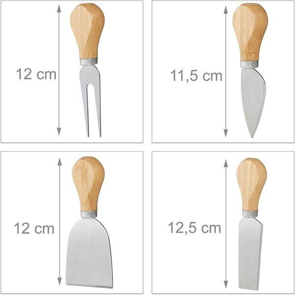 Platou servire branzeturi, 4 ustensile din inox, lemn de bambus, 22x19x4,5 cm