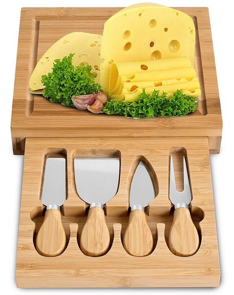 Platou servire branzeturi, 4 ustensile din inox, lemn de bambus, 22x19x4,5 cm