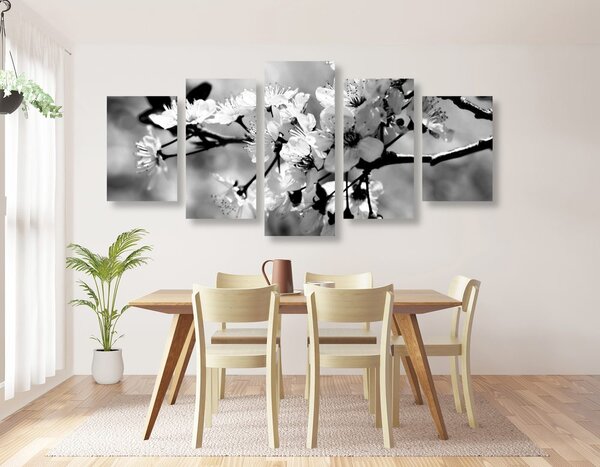 Tablou 5-piese floare de cireș în design alb-negru