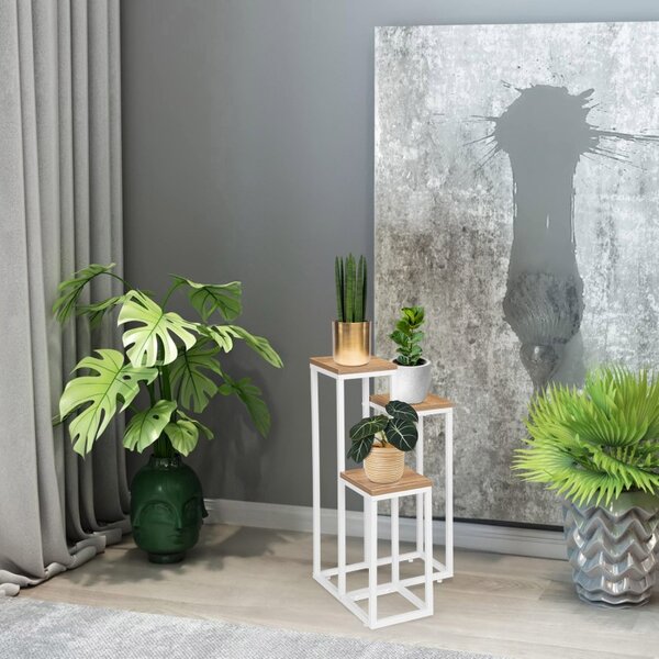 Suport alb de flori, stil scandinav, 3 polite din lemn laminat, diferite inaltimi, cadru otel