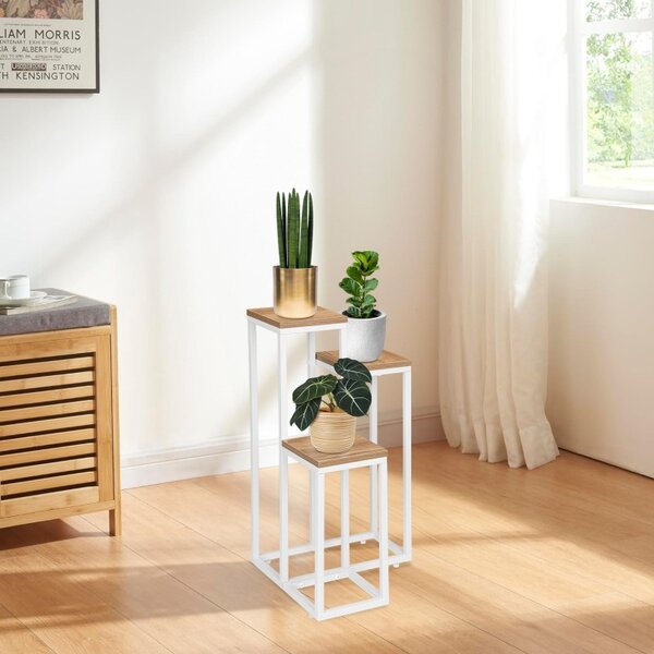 Suport alb de flori, stil scandinav, 3 polite din lemn laminat, diferite inaltimi, cadru otel