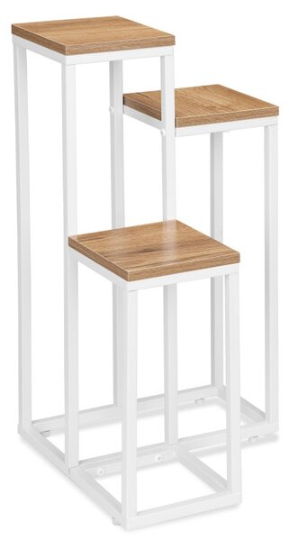 Suport alb de flori, stil scandinav, 3 polite din lemn laminat, diferite inaltimi, cadru otel