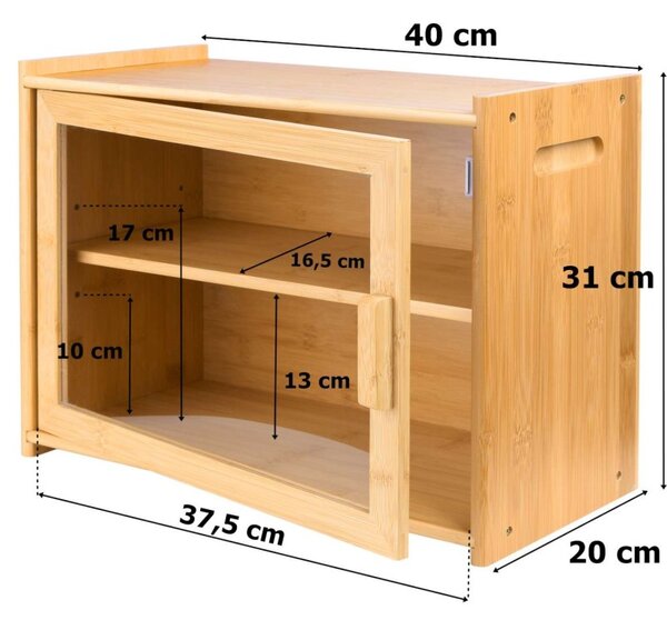 Cutie depozitare paine, 1 raft detasabil, blocare magnetica, bambus, 40x31x20 cm