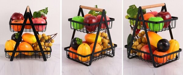 Cos depozitare fructe, 2 nivele, inaltime 29 cm, design modern, otel si maner lemn
