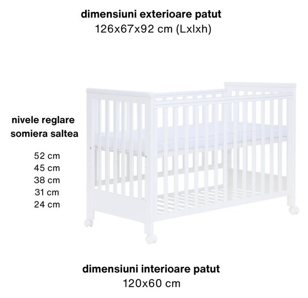 Patut co-sleeping 120x60 cu laterala culisanta total si roti Treppy Dreamy Plus, integral din lemn masiv fag, reglabil pe 5 nivele, include sistem de ancorare, certificat TUV, EN716-1, EN716-2, culoare alb
