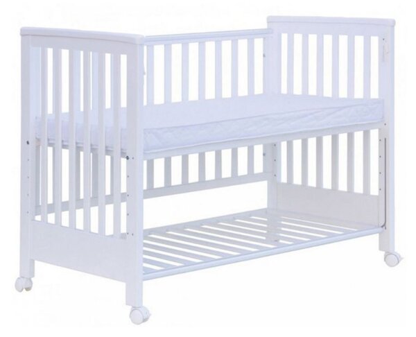 Patut co-sleeping 120x60 cu laterala culisanta total si roti Treppy Dreamy Plus, integral din lemn masiv fag, reglabil pe 5 nivele, include sistem de ancorare, certificat TUV, EN716-1, EN716-2, culoare alb