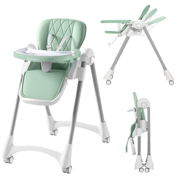 Scaun de masa pliabil pentru bebelusi si copii Kidizi Allure Mint, 6-36 luni, spatar ajustabil 3 pozitii, roti cu frane