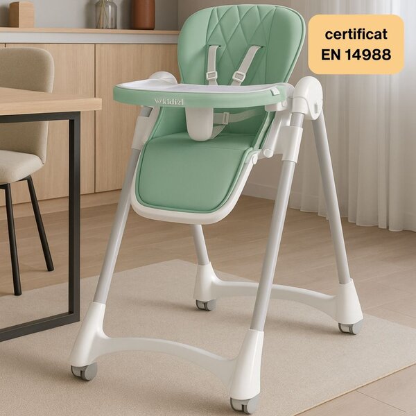 Scaun de masa pliabil pentru bebelusi si copii Kidizi Allure Mint, 6-36 luni, spatar ajustabil 3 pozitii, roti cu frane