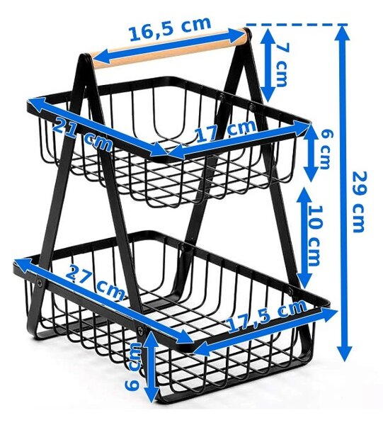 Cos depozitare fructe, 2 nivele, inaltime 29 cm, design modern, otel si maner lemn